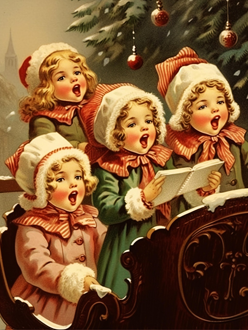 Vier Kinder in nostalgischer Winterkleidung singen gemeinsam Weihnachtslieder unter einem festlich geschmückten Tannenbaum. Sie tragen warme Mäntel, weiße Hauben mit roten Schleifen und stehen in einem hölzernen Schlitten, während Schneeflocken sanft fallen. Im Hintergrund hängen Weihnachtskugeln vom Baum, und eine verschneite Dorfkulisse ist angedeutet.