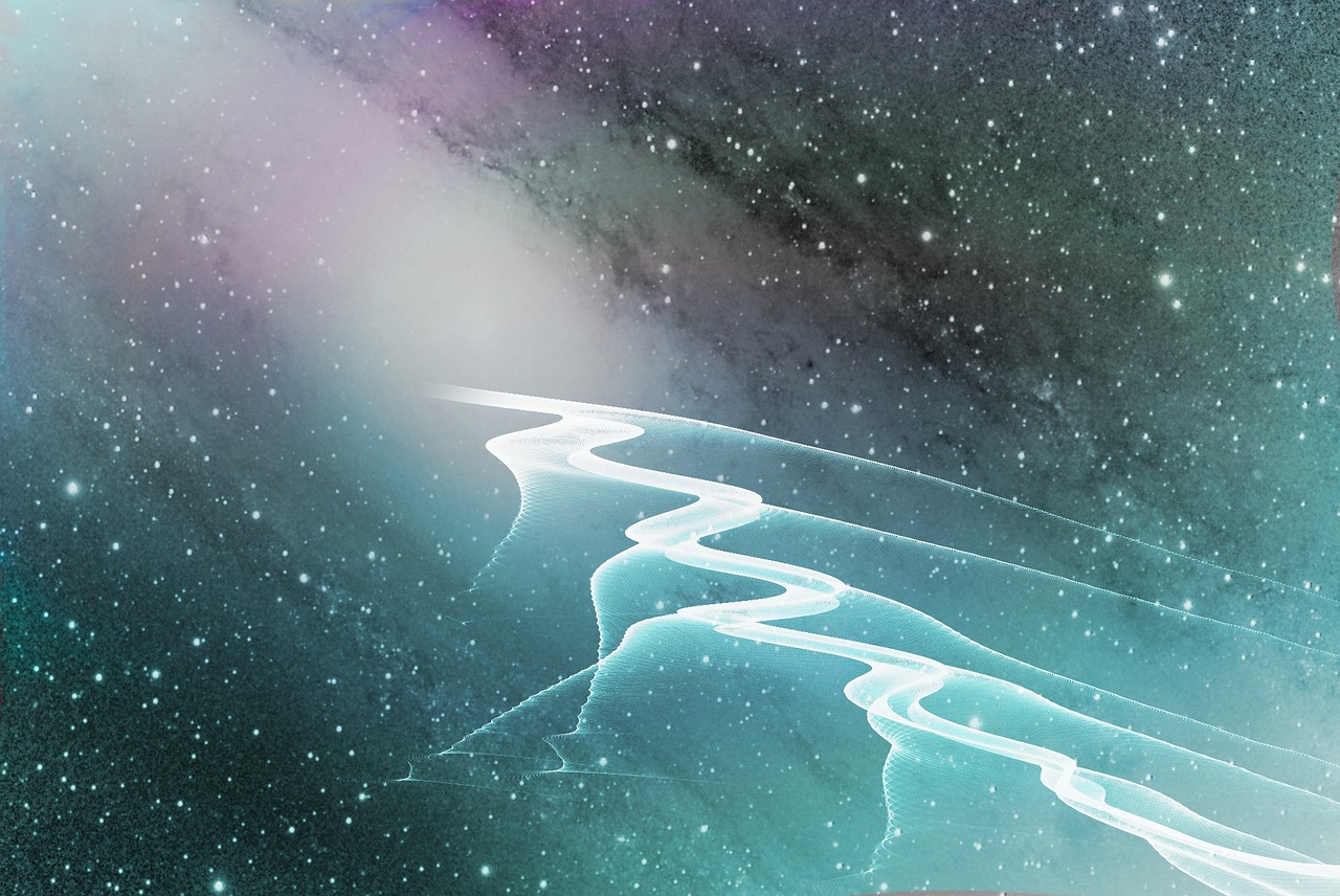 Abstrakte, futuristische Darstellung eines leuchtenden Pfades, der sich durch einen sternenreichen Weltraum schlängelt. Die Szene wirkt traumhaft und kosmisch, mit sanften Farbverläufen in Türkis, Blau und Violett. 2/2 Abstrakte, futuristische Darstellung eines leuchtenden Pfades, der sich durch einen sternenreichen Weltraum schlängelt. Die Szene wirkt traumhaft und kosmisch, mit sanften Farbverläufen in Türkis, Blau und Violett.