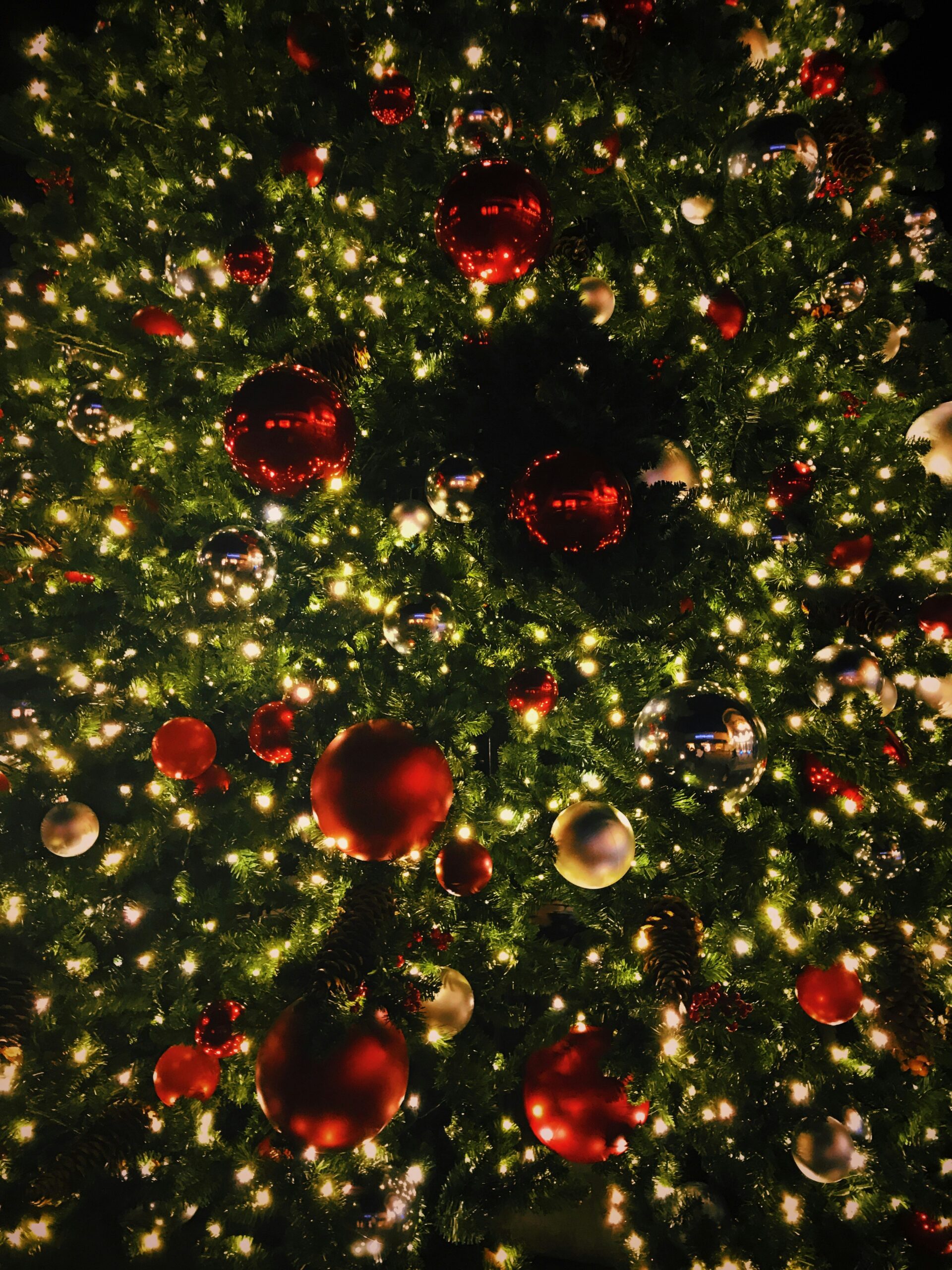 Ein festlich geschmückter Weihnachtsbaum mit zahlreichen leuchtenden Lichtern und glänzenden Kugeln in Rot, Silber und Gold. Die Dekoration ist dicht verteilt, und der Baum strahlt in einem warmen, festlichen Licht.