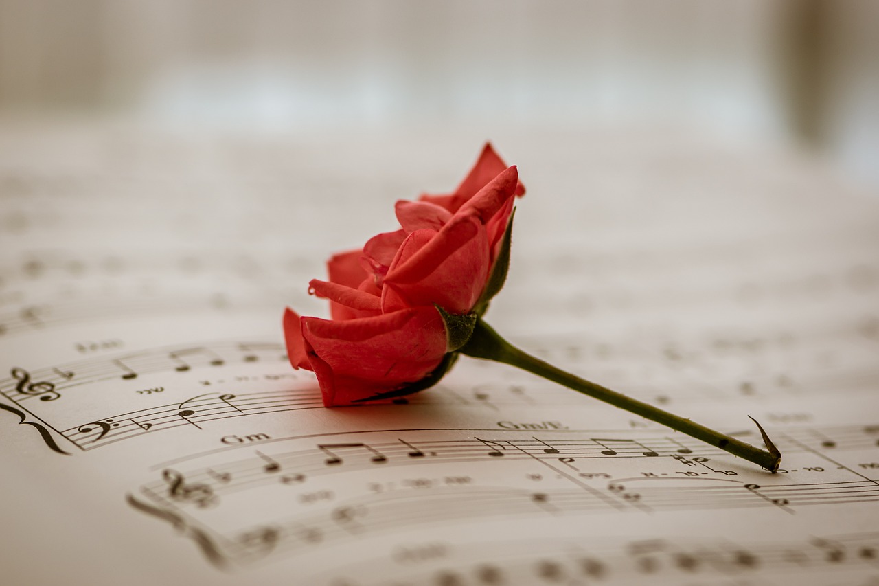 Notenblatt mit roter Blume darauf